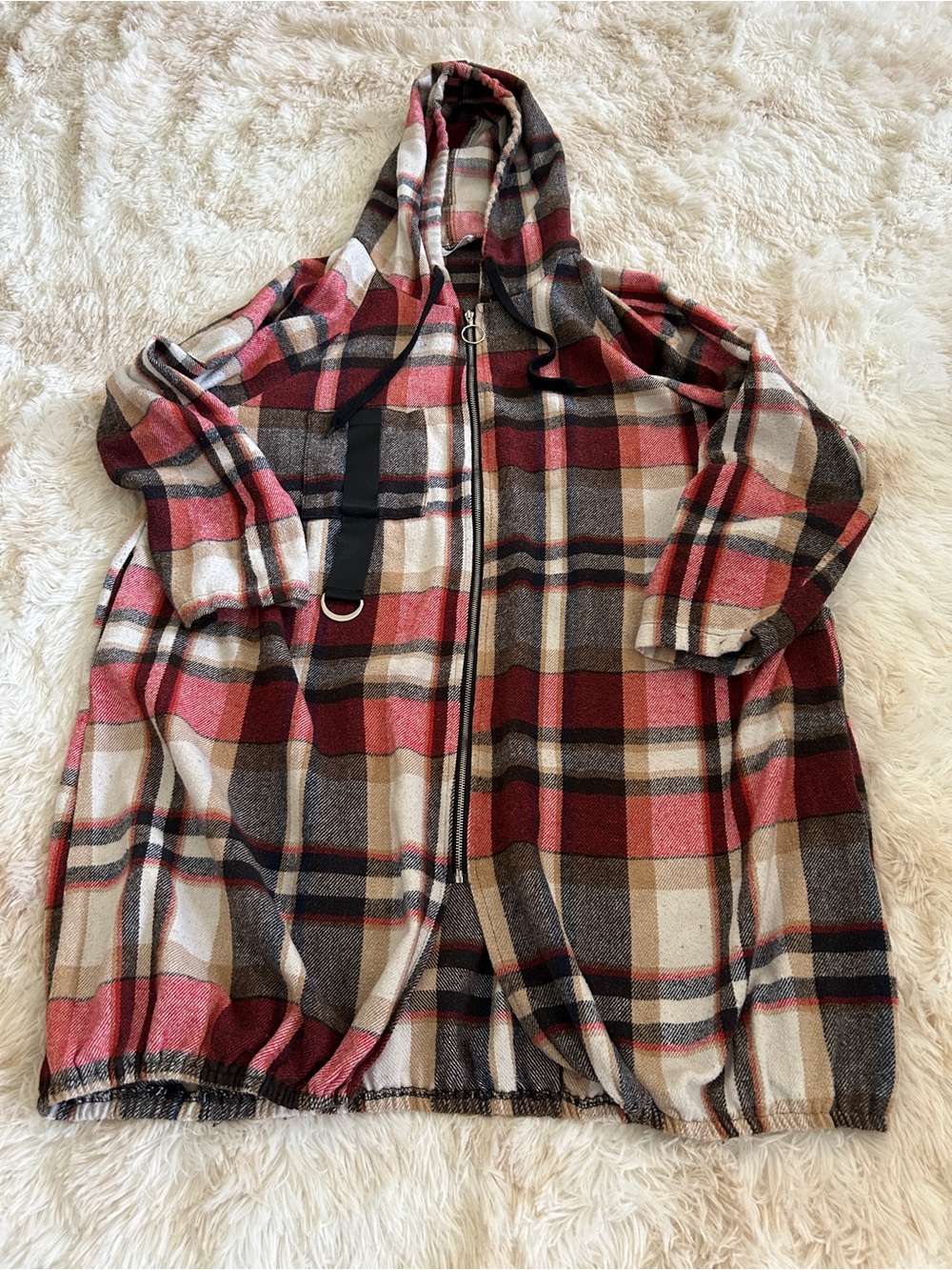 Hooded Plaid Lightweight Coat in Red & Cream